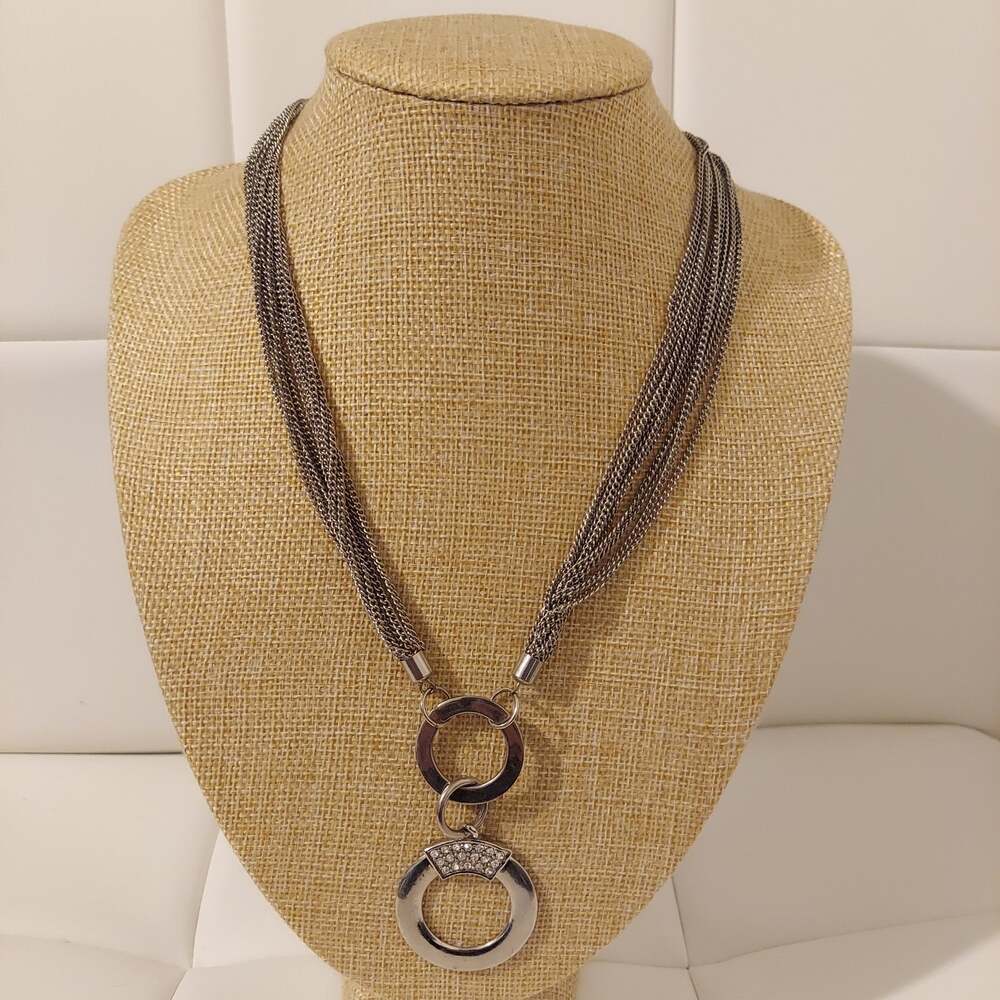 Bijoux Terner Silver Tone Multi Strand Chains & Rhinestones 18" Necklace